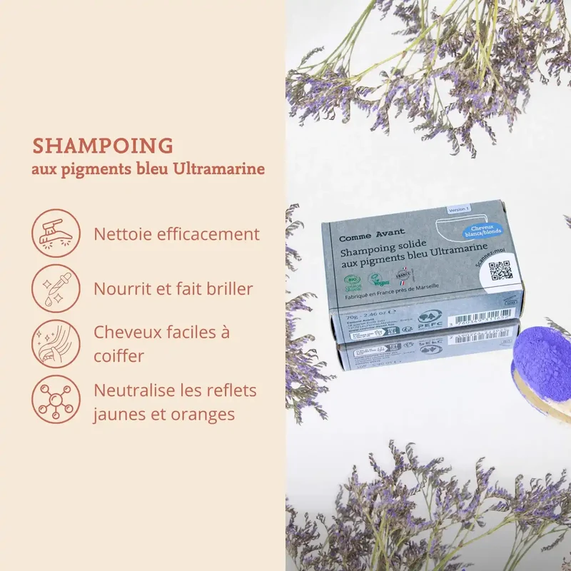 Shampoing solide Cheveux Blond & Blancs aux pigments bleu ultramarine - Comme Avant