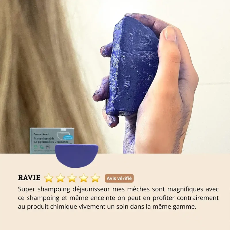 Shampoing solide Cheveux Blond & Blancs aux pigments bleu ultramarine - Comme Avant