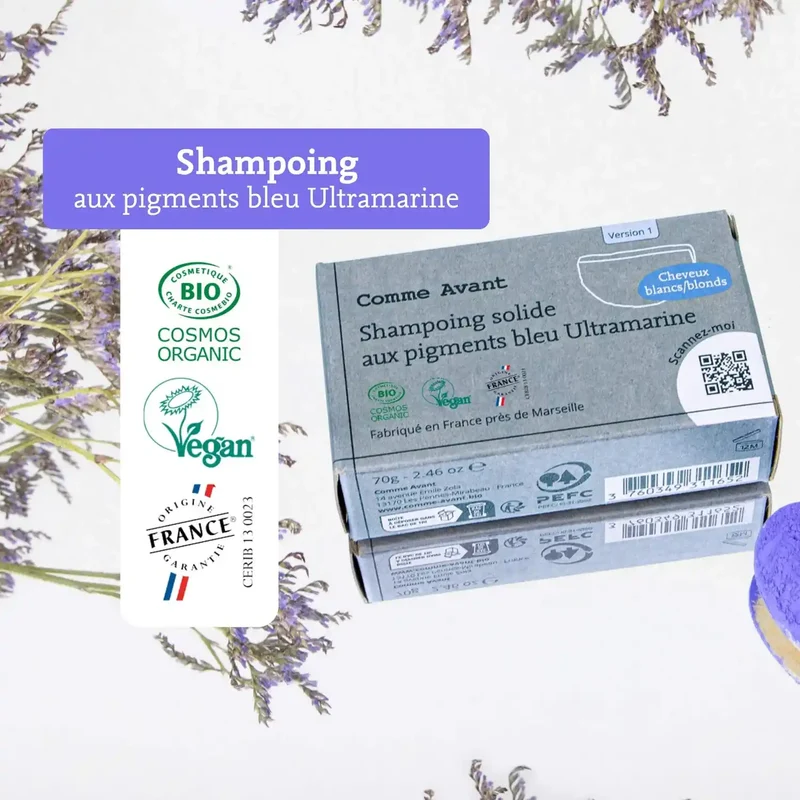 Shampoing solide Cheveux Blond & Blancs aux pigments bleu ultramarine - Comme Avant
