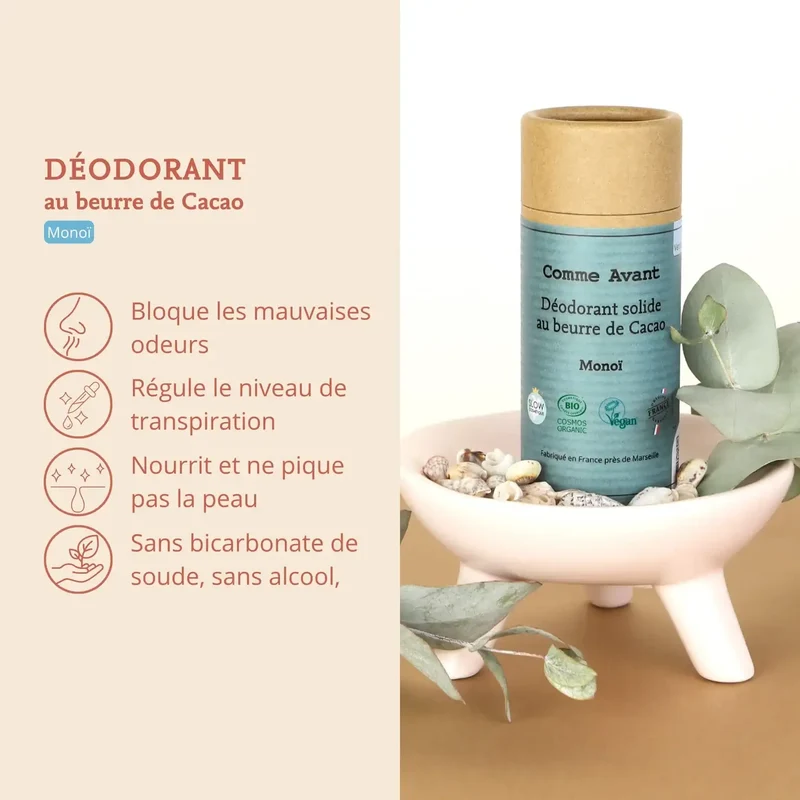 Déodorant Solide au Beurre de Cacao - Monoï - 60 g - Comme Avant