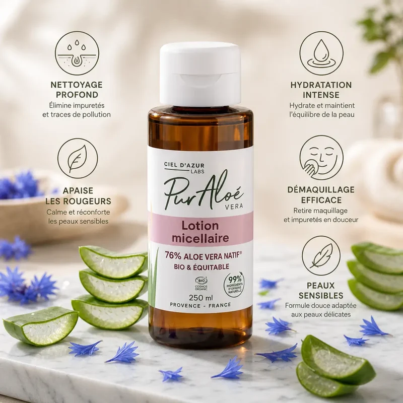 Lotion Micellaire Bio 76% Aloé Vera - 250ml - Pur'Aloé