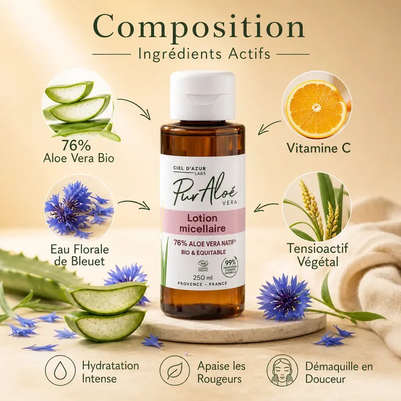 Lotion Micellaire Bio 76% Aloé Vera - 250ml - Pur'Aloé