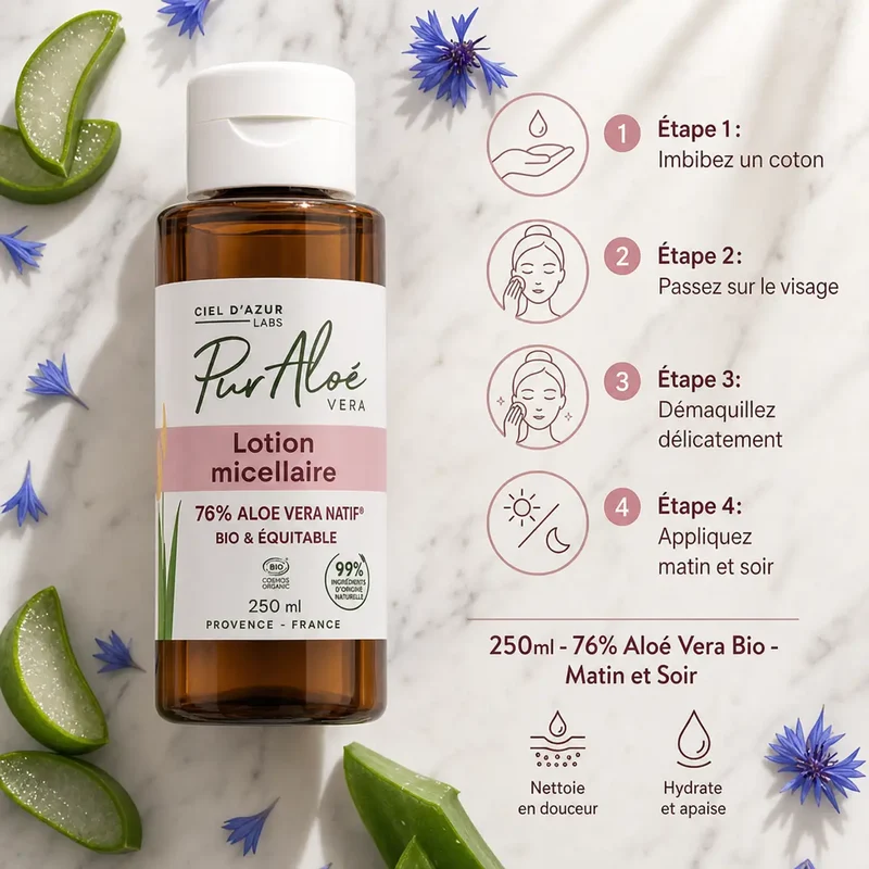 Lotion Micellaire Bio 76% Aloé Vera - 250ml - Pur'Aloé