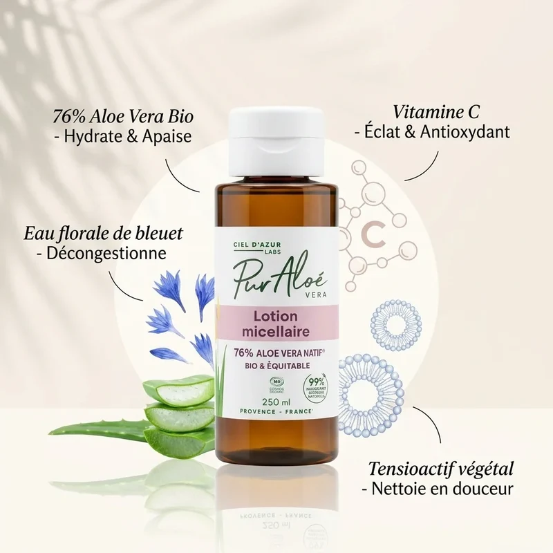 Lotion Micellaire Bio 76% Aloé Vera - 250ml - Pur'Aloé