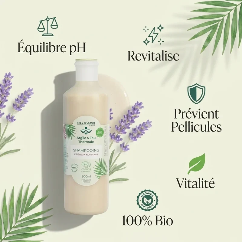 Shampoing cheveux normaux Bio - 500ml - Argile & Eau Thermale