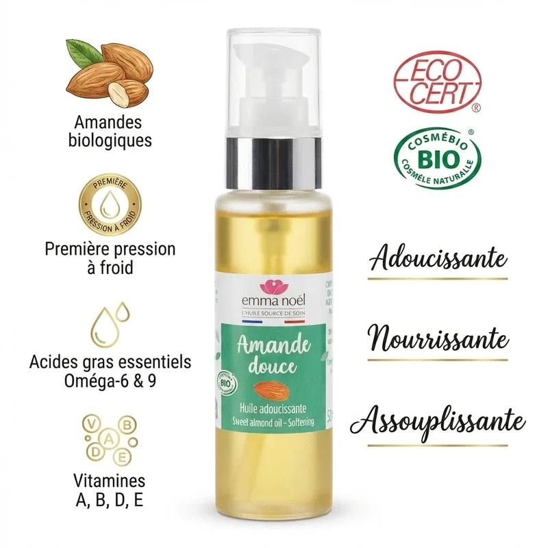 Huile Végétale d'Amande Douce Bio 50 ml Emma Noel