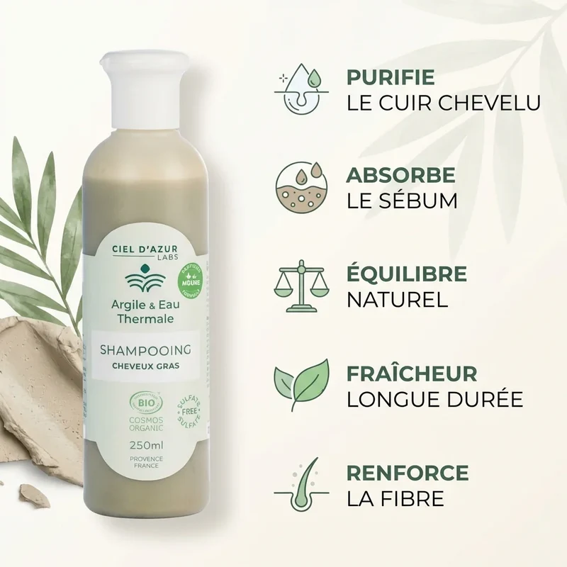 Shampoing Cheveux Gras Certifié Bio 250ml - Argile & Eau Thermale