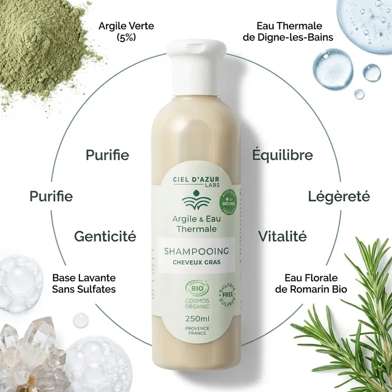 Shampoing Cheveux Gras Certifié Bio 250ml - Argile & Eau Thermale