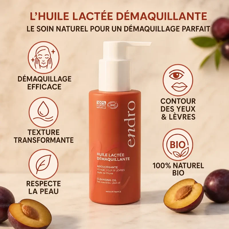 Huile Lactée Démaquillante Visage, Yeux & Lèvres - Huile de Prune - 100 ml Endro