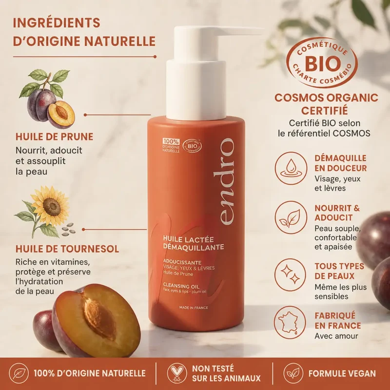 Huile Lactée Démaquillante Visage, Yeux & Lèvres - Huile de Prune - 100 ml Endro