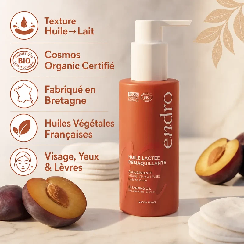 Huile Lactée Démaquillante Visage, Yeux & Lèvres - Huile de Prune - 100 ml Endro