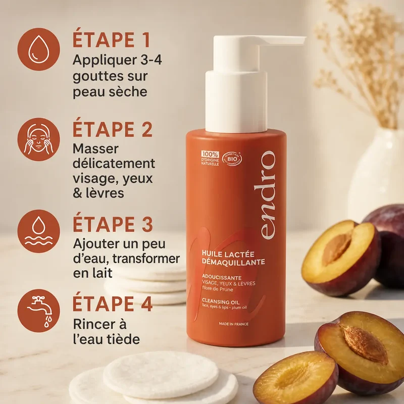 Huile Lactée Démaquillante Visage, Yeux & Lèvres - Huile de Prune - 100 ml Endro