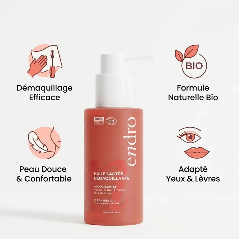 Huile Lactée Démaquillante Visage, Yeux & Lèvres - Huile de Prune - 100 ml Endro