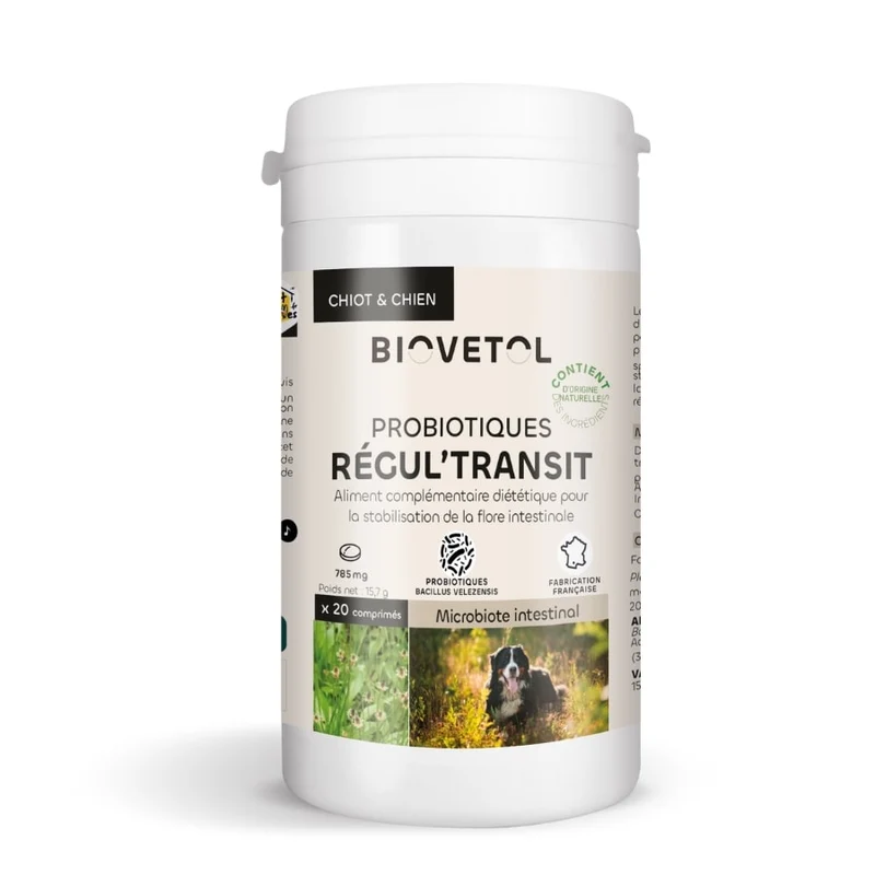 Probiotiques Régul'transit pour Chiot & chien - 20 comprimés - Biovetol