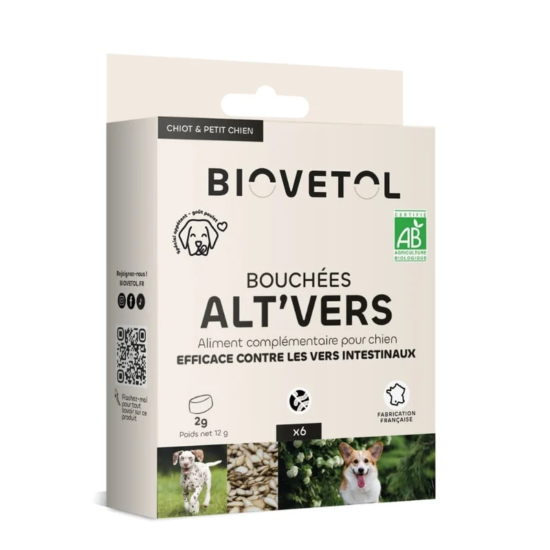 Bouchées Alt'Vers Bio contre les vers intestinaux - Chiot et petit chien Biovetol