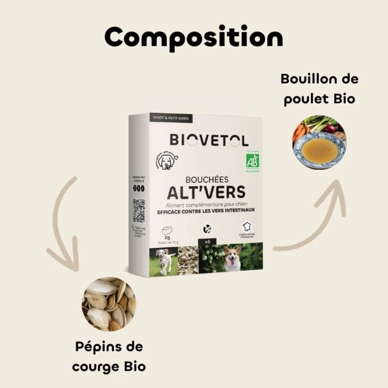 Bouchées Alt'Vers Bio contre les vers intestinaux - Chiot et petit chien Biovetol