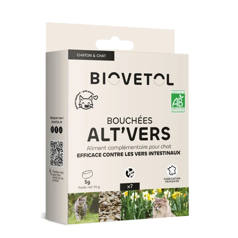 Bouchées Alt'Vers Bio contre les vers intestinaux - Chaton & chat - Biovetol