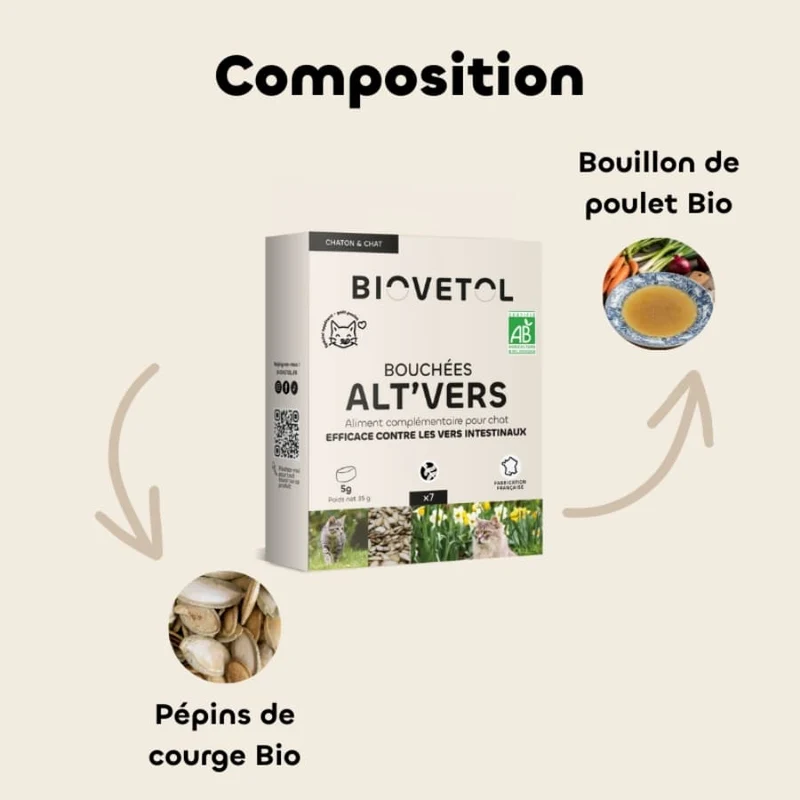Bouchées Alt'Vers Bio contre les vers intestinaux - Chaton & chat - Biovetol