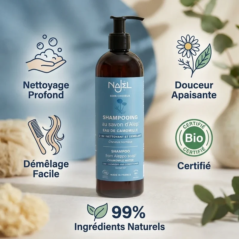Shampooing 2en1 au Savon d'Alep & Camomille Bio 500ml - Cheveux normaux - Najel