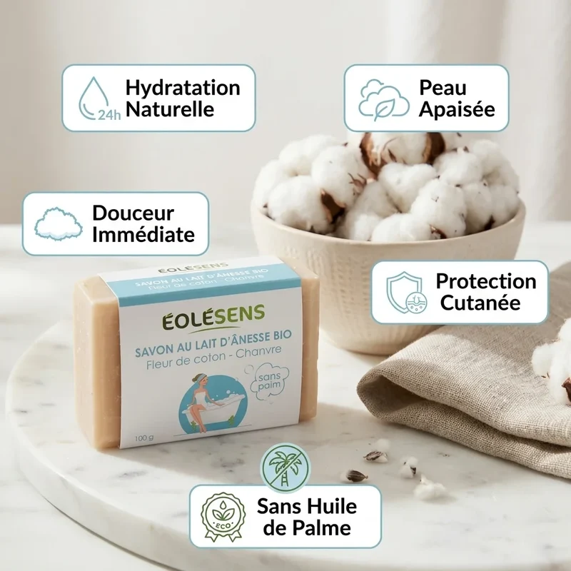 Savon Lait d'Ânesse Bio & Fleurs de Coton - 100g - Eolesens