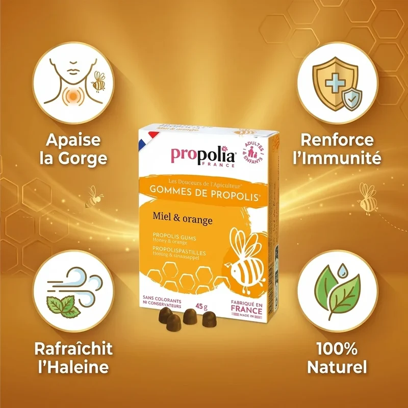 Gommes de Propolis Miel et Orange - 45 g - Propolia