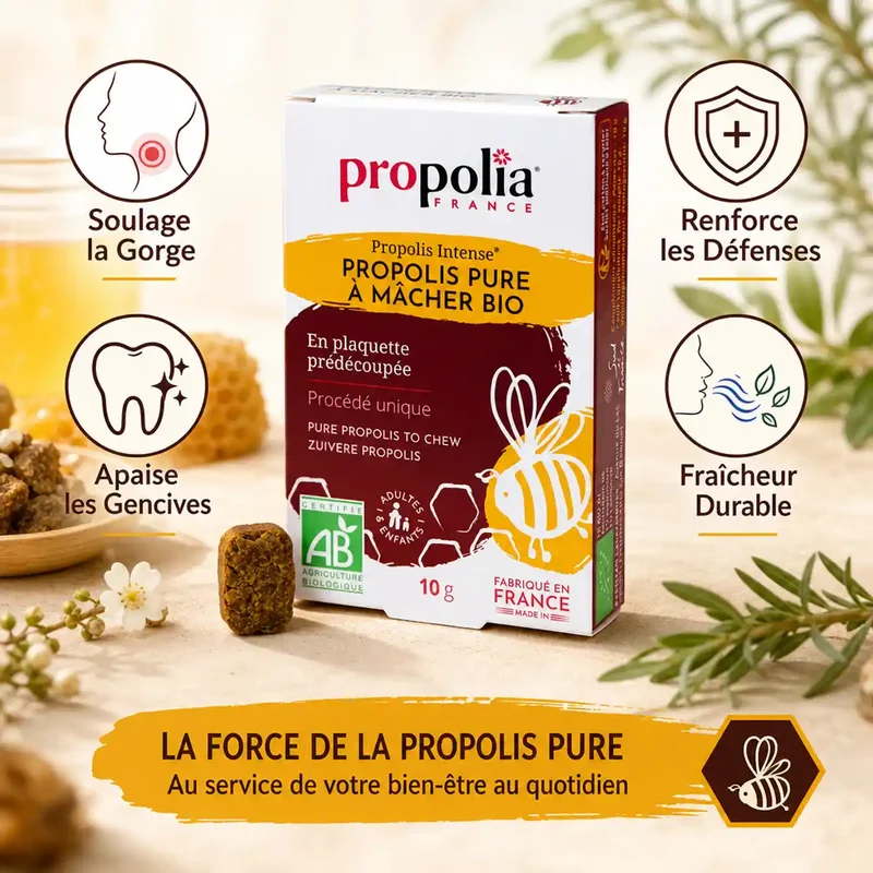 Propolis Pure à Mâcher Bio 10 g - Soulage la Gorge - Propolia