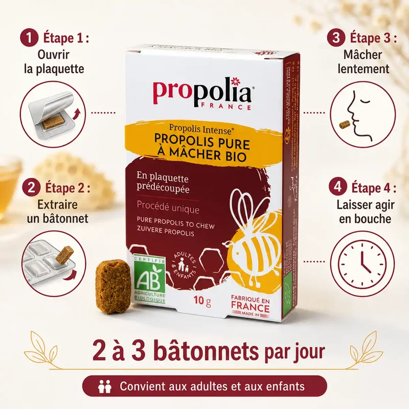 Propolis Pure à Mâcher Bio 10 g - Soulage la Gorge - Propolia