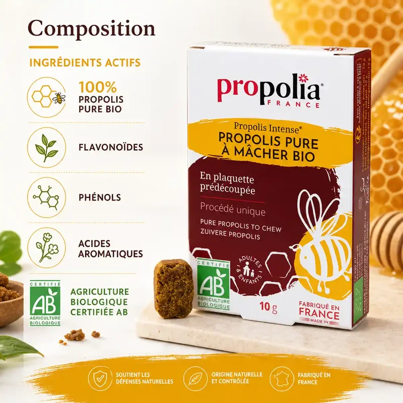 Propolis Pure à Mâcher Bio 10 g - Soulage la Gorge - Propolia