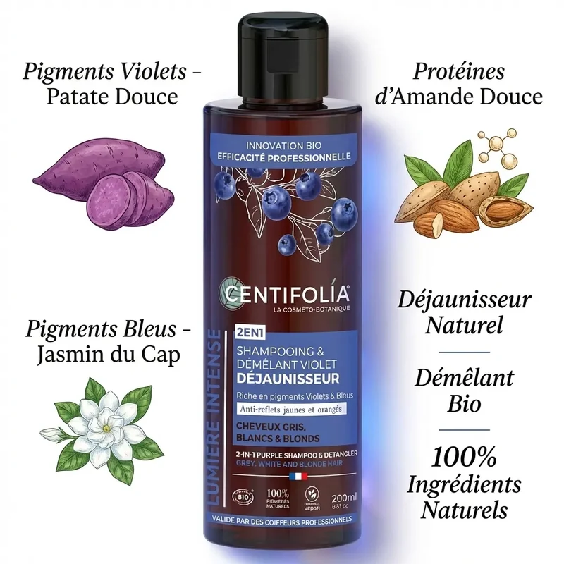 Shampoing 2en1 Démêlant & Déjaunisseur - Cheveux Gris Blancs Blonds 200ml - Centifolia