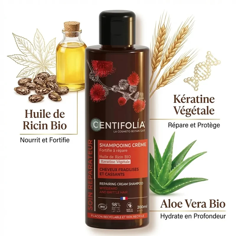 Shampoing Crème Réparateur - Cheveux Fragilisés et Cassants - 200ml - Centifolia