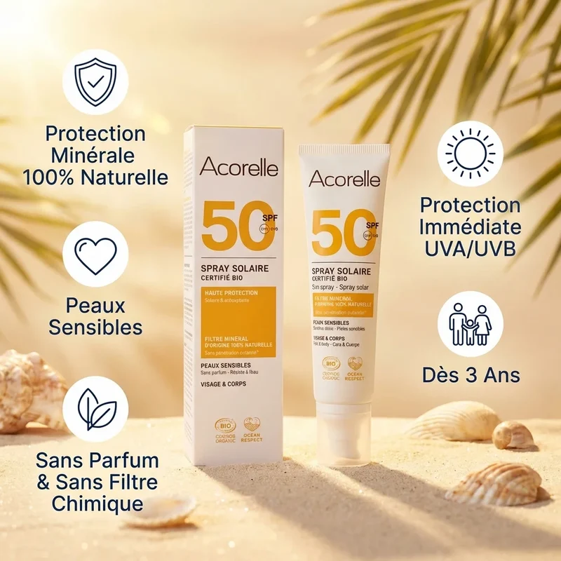 Spray Solaire SPF 50 Certifié Bio – 100ml – Acorelle