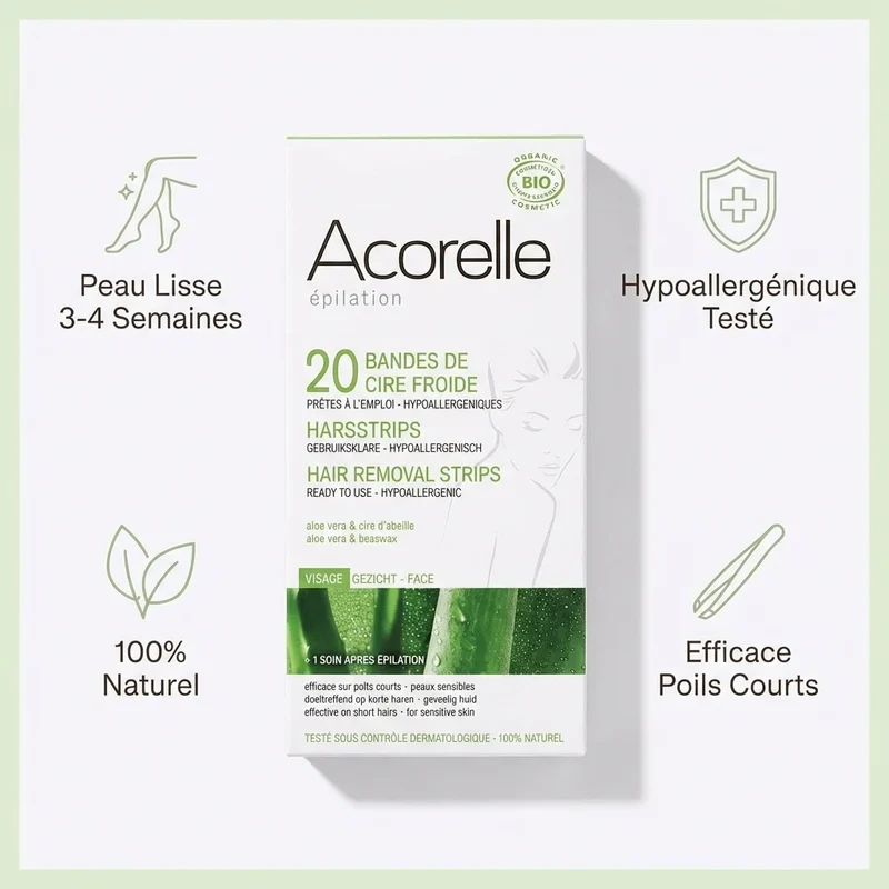 24 Bandes Dépilatoires cire froide Visage - Hypoallergénique - Acorelle