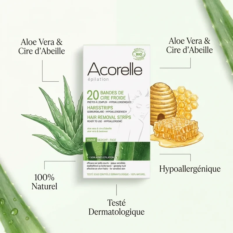24 Bandes Dépilatoires cire froide Visage - Hypoallergénique - Acorelle