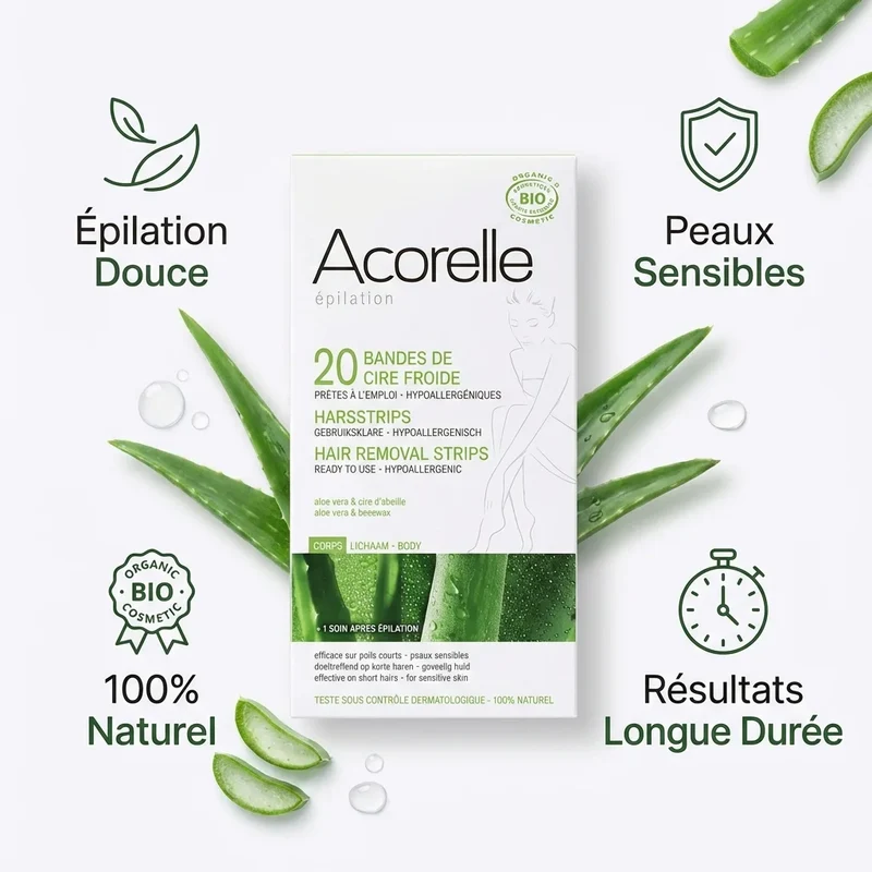 Bandes de Cire Froide Corps Bio + Soin Sos Apaisant - 20 Bandes - Acorelle