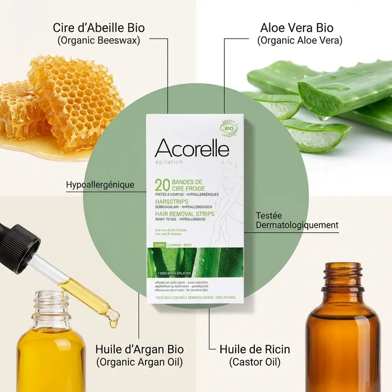 Bandes de Cire Froide Corps Bio + Soin Sos Apaisant - 20 Bandes - Acorelle