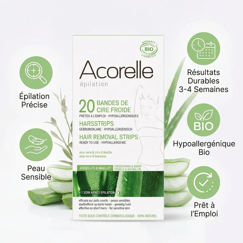 Bandes de Cire Froide Aisselles & Maillot Bio - 20 Bandes - Acorelle
