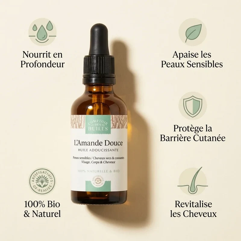 Huile d'Amande douce Bio - Adoucissante - Peau et Cheveux - Comptoir des huiles