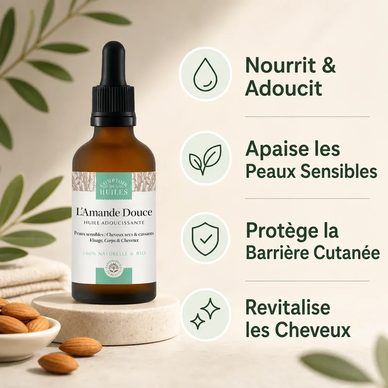 Huile d'Amande douce Bio - Adoucissante - Peau et Cheveux - Comptoir des huiles