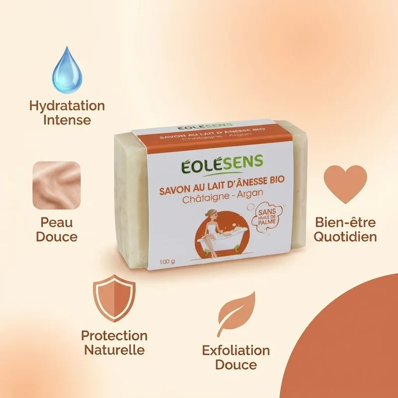 Savon au lait d'ânesse bio - Châtaigne et Argan - 100g Eolesens