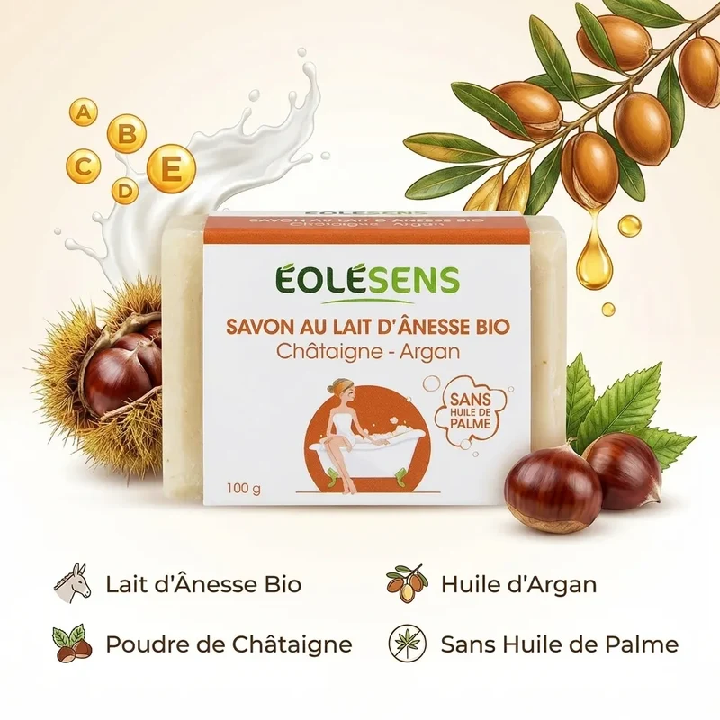 Savon au lait d'ânesse bio - Châtaigne et Argan - 100g Eolesens