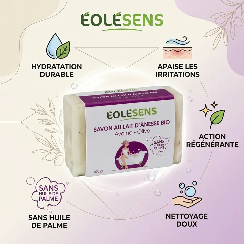 Savon au lait d'ânesse Bio - Avoine et Olive - 100g - Eolesens