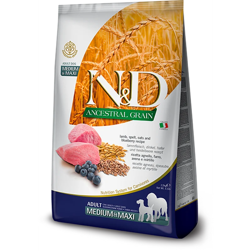 FARMINA N&D Ancestral Grain Adult Medium & Maxi Agneau et Myrtilles 12kg