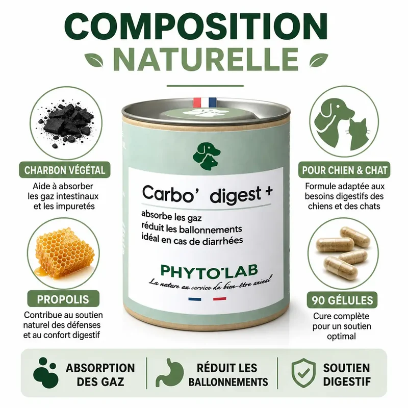 Carbo'digest + - Charbon Végétal pour Chien & Chats - 90 Gélules - Phyto'Lab