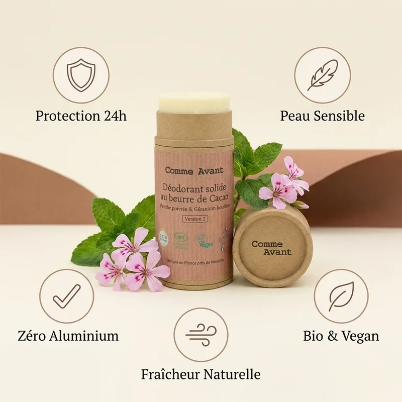 Déodorant Solide au Beurre de Cacao - Menthe poivrée & Géranium Bourbon - Comme Avant
