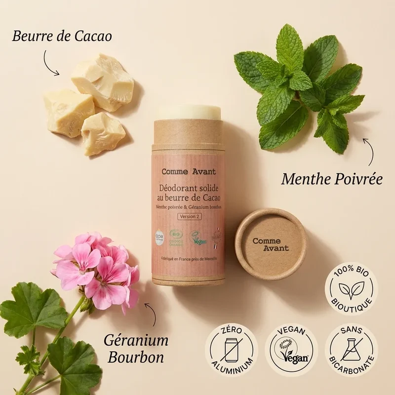 Déodorant Solide au Beurre de Cacao - Menthe poivrée & Géranium Bourbon - Comme Avant