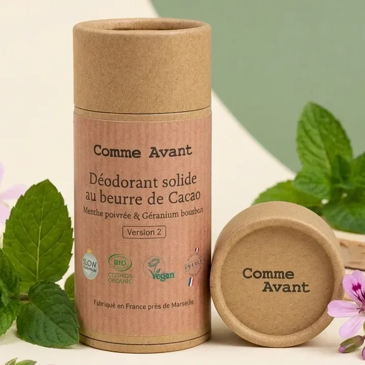 Déodorant Solide au Beurre de Cacao - Menthe poivrée & Géranium Bourbon - Comme Avant
