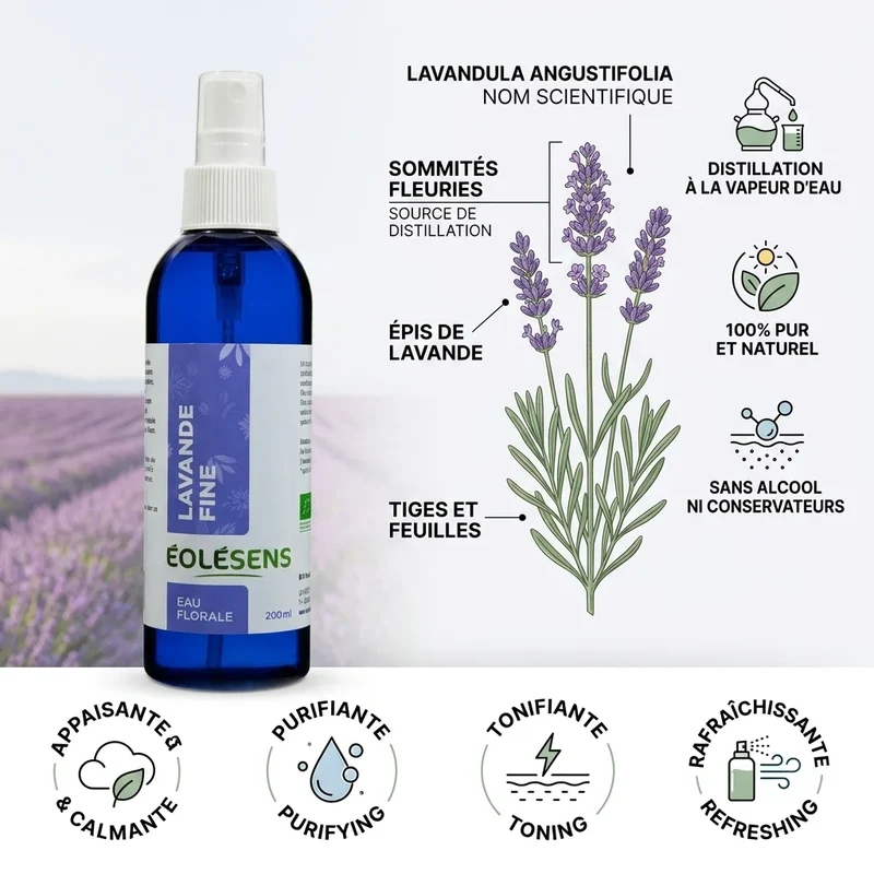 Eau Florale Lavande Bio Sans Alcool - 200 ml - Eolesens