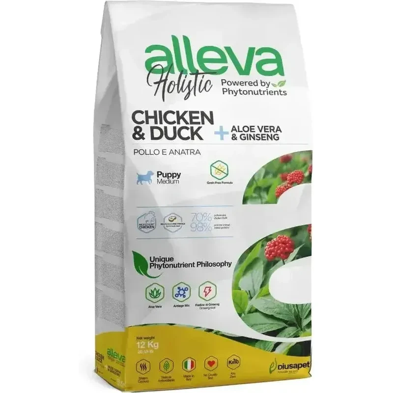 Croquettes sans céréales Alleva Holistic Poulet & Canard + Aloe Vera & Ginseng chiot medium