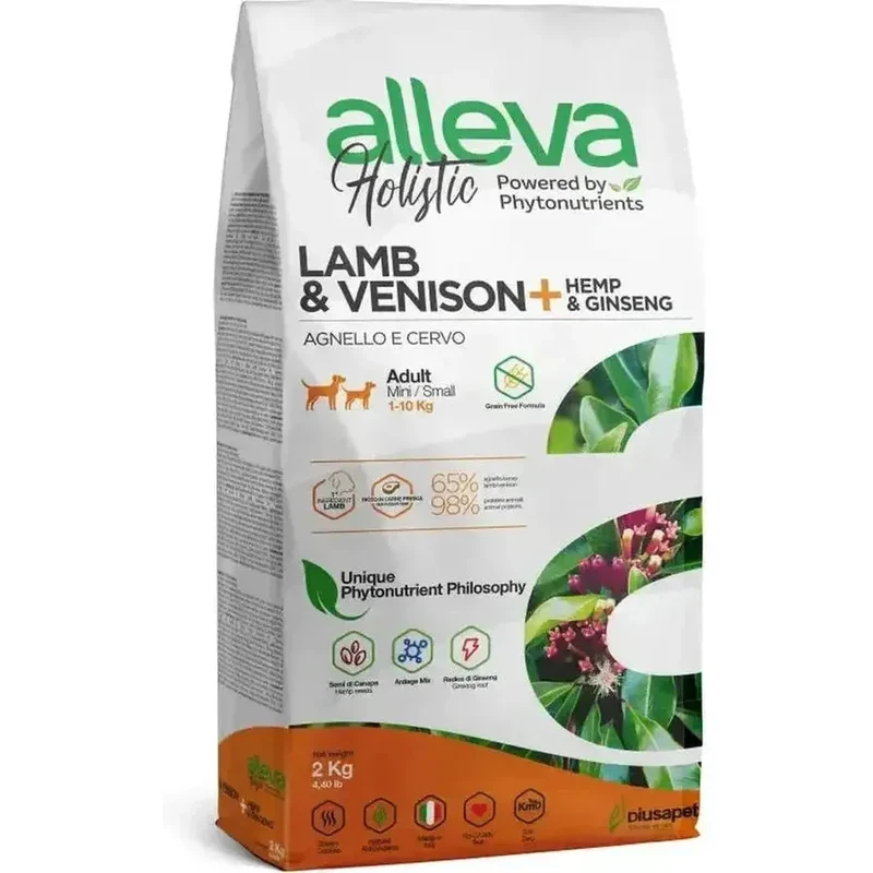 Croquettes sans céréales Alleva Holistic Agneau & Cerf + Chanvre & Ginseng chien adulte mini
