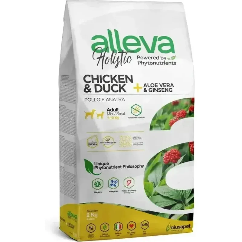 Croquette sans céréales Alleva Holistic Poulet & Canard + Aloe Vera & Ginseng chien adulte mini 2kg